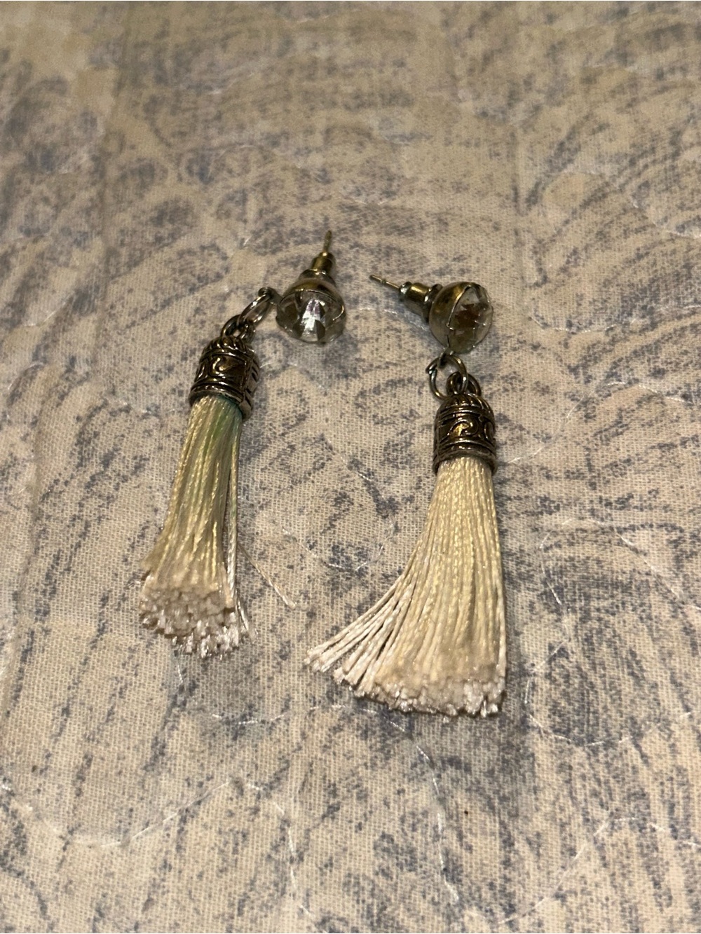Tassel Drop Earrings in Cream with Antiqued Silver Caps